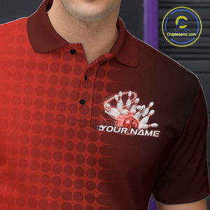 Custom Red Flame Bowling Polo Shirts For Men, Bowling Tournament Team Shirt IPHW9408
