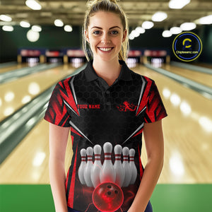 Custom Black And Red Bowling Team Jerseys, Bowler Uniform Bowling Polo Shirts For Women IPHW9283