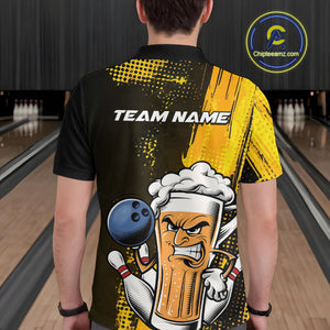 Custom Black And Yellow Funny Bowling And Beer Jerseys, Bowling Team Men Polo Shirts IPHW9606