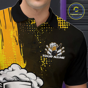 Custom Black And Yellow Funny Bowling And Beer Jerseys, Bowling Team Men Polo Shirts IPHW9606