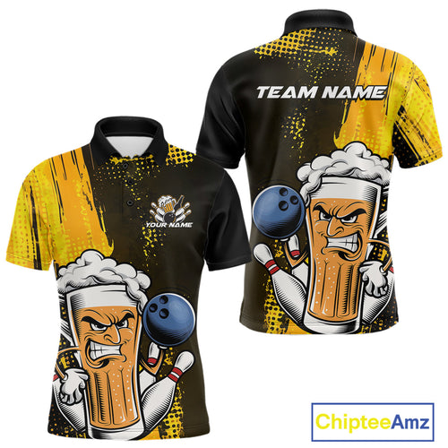Custom Black And Yellow Funny Bowling And Beer Jerseys, Bowling Team Men Polo Shirts IPHW9606