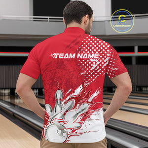 Custom White And Red Bowling Team Quarter-Zip Shirts For Men, Flame Bowling Jerseys Team Shirt IPHW9618