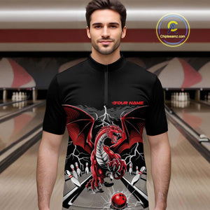 Custom Red Dragon On The Lane Bowling Quarter-Zip Shirts For Men, Dragon Bowling Team Shirt IPHW9101