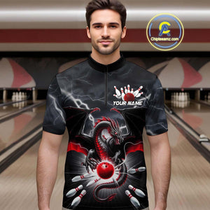 Custom Thunder Lightning Red Dragon Bowling Team Quarter-Zip Shirts For Men, Bowling Jerseys IPHW9110