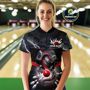 Custom Thunder Lightning Red Dragon Bowling Team Women Quarter-Zip Shirts, Bowling Jersey IPHW9110
