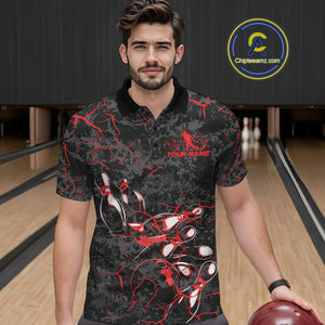 Custom Black And Red Camo Bowling Team Polo Shirts For Men, Bowling League Shirt IPHW9370