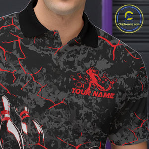 Custom Black And Red Camo Bowling Team Polo Shirts For Men, Bowling League Shirt IPHW9370