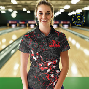 Custom Black And Red Camo Bowling Team Polo Shirts For Women, Bowling League Shirt IPHW9370