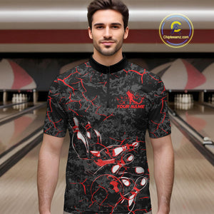 Custom Black And Red Camo Bowling Team Quarter-Zip Shirts For Men, Bowling League Shirt IPHW9370