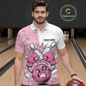 Custom Funny Pink Breast Cancer Bowling Men Polo Shirt, Breast Cancer Fighter Jerseys IPHW9394