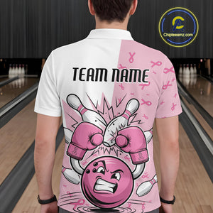 Custom Funny Pink Breast Cancer Bowling Men Polo Shirt, Breast Cancer Fighter Jerseys IPHW9394