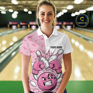 Custom Funny Pink Breast Cancer Bowling Women Polo Shirt, Breast Cancer Fighter Jerseys IPHW9394