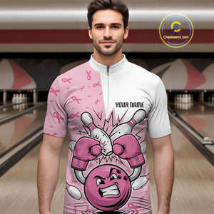 Custom Funny Pink Breast Cancer Bowling Men Quarter-Zip Shirt, Breast Cancer Fighter Jerseys IPHW9394