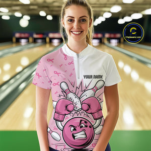 Custom Funny Pink Breast Cancer Bowling Women Quarter-Zip Shirt, Breast Cancer Fighter IPHW9394