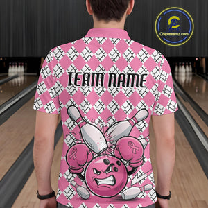 Custom Pink Argyle Pattern Funny Breast Cancer Fighter Bowling Polo Shirts For Men IPHW9396