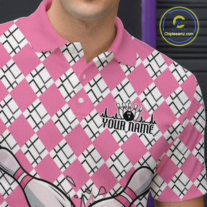 Custom Pink Argyle Pattern Funny Breast Cancer Fighter Bowling Polo Shirts For Men IPHW9396