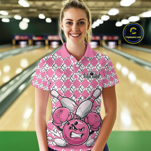 Custom Pink Argyle Pattern Funny Breast Cancer Fighter Bowling Polo Shirts For Women IPHW9396