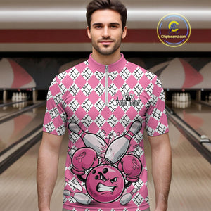Custom Pink Argyle Pattern Funny Breast Cancer Fighter Bowling Quarter-Zip Shirts For Men IPHW9396