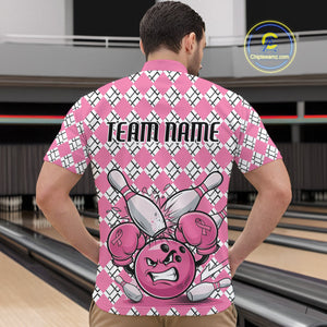 Custom Pink Argyle Pattern Funny Breast Cancer Fighter Bowling Quarter-Zip Shirts For Men IPHW9396