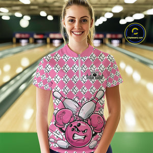 Custom Pink Argyle Pattern Funny Breast Cancer Fighter Bowling Women Quarter-Zip Shirts IPHW9396