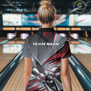 Custom Red And Gray Bowling Polo Team Shirt For Women, Bowler Outfit Bowling League Shirt IPHW9557