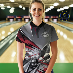 Custom Red And Gray Bowling Women Quarter-Zip Shirts, Bowler Outfit Bowling League Shirt IPHW9557