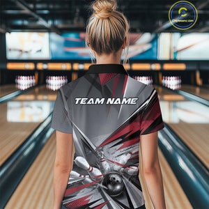 Custom Red And Gray Bowling Women Quarter-Zip Shirts, Bowler Outfit Bowling League Shirt IPHW9557