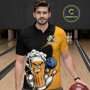 Custom Funny Black And Yellow Bowling And Beer Polo Shirts For Men, Bowling League Shirt IPHW9609