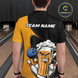 Custom Funny Black And Yellow Bowling And Beer Polo Shirts For Men, Bowling League Shirt IPHW9609