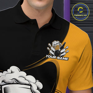 Custom Funny Black And Yellow Bowling And Beer Polo Shirts For Men, Bowling League Shirt IPHW9609