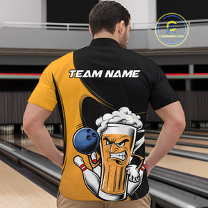 Custom Funny Black And Yellow Bowling And Beer Quarter-Zip Shirts For Men, Bowling League Shirt IPHW9609