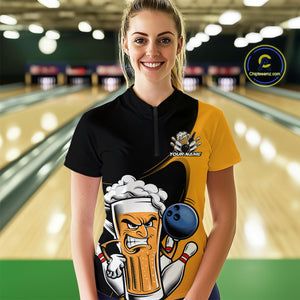 Custom Funny Black And Yellow Bowling And Beer Women Quarter-Zip Shirt, Bowling League IPHW9609