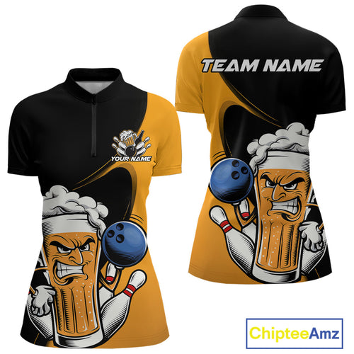 Custom Funny Black And Yellow Bowling And Beer Women Quarter-Zip Shirt, Bowling League IPHW9609