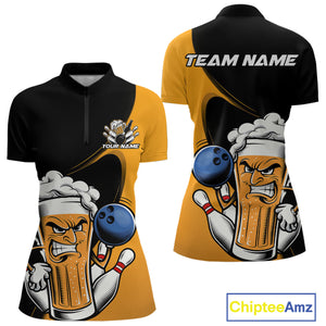 Custom Funny Black And Yellow Bowling And Beer Women Quarter-Zip Shirt, Bowling League IPHW9609