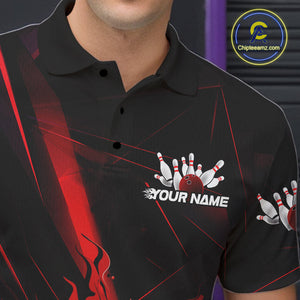 Custom Black And Red Flame Bowling Team Men Polo Shirts, Fire Bowling Jerseys IPHW9612