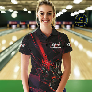 Custom Black And Red Flame Bowling Team Women Polo Shirts, Fire Bowling Jerseys IPHW9612