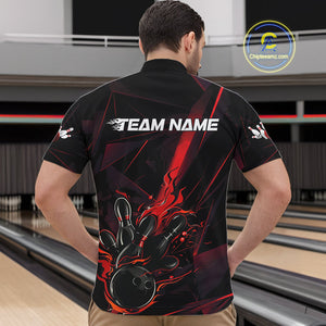 Custom Black And Red Flame Bowling Team Men Quarter-Zip Shirts, Fire Bowling Jerseys IPHW9612
