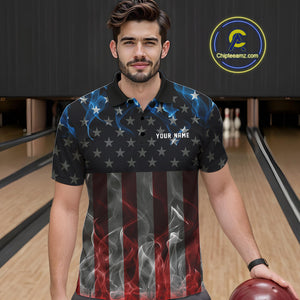 Custom Red And Blue Flame American Flag Patriotic Bowling Men Polo Shirts, Team Uniform IPHW9715