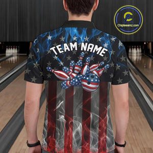 Custom Red And Blue Flame American Flag Patriotic Bowling Men Polo Shirts, Team Uniform IPHW9715