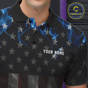 Custom Red And Blue Flame American Flag Patriotic Bowling Men Polo Shirts, Team Uniform IPHW9715
