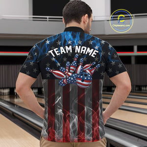 Custom Red And Blue Flame American Flag Patriotic Bowling Men Quarter-Zip Shirts, Team Uniform IPHW9715