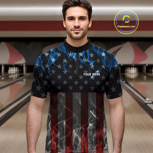 Custom Red And Blue Flame American Flag Patriotic Bowling Men Quarter-Zip Shirts, Team Uniform IPHW9715