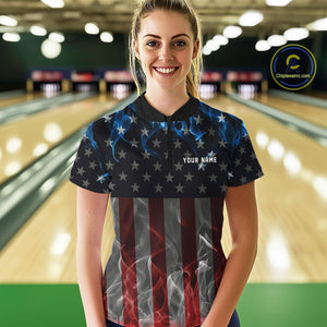Custom Red And Blue Flame American Flag Patriotic Bowling Women Quarter-Zip Shirts IPHW9715
