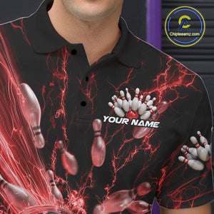 Custom Red Thunder Lightning Bowling Team Men Polo Shirts, Bowling Jerseys IPHW9743