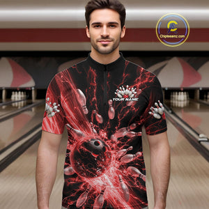 Custom Red Thunder Lightning Bowling Team Men Quarter-Zip Shirts, Bowling Jerseys IPHW9743