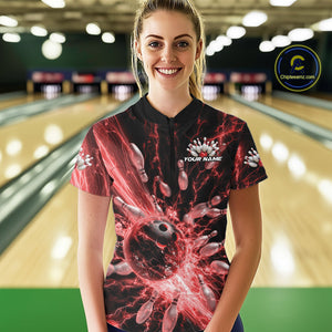 Custom Red Thunder Lightning Bowling Team Women Quarter-Zip Shirts, Bowling Jerseys IPHW9743