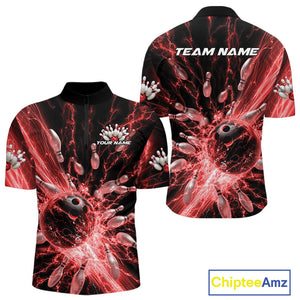 Custom Red Thunder Lightning Bowling Team Men Quarter-Zip Shirts, Bowling Jerseys IPHW9743
