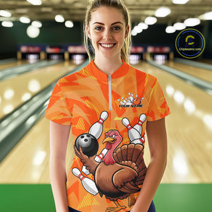 Custom Funny Thanksgiving Turkey Bowling Women Quarter-Zip Shirts, Bowling League Shirt IPHW9769
