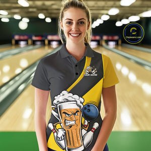 Custom Grunge Yellow Funny Bowling And Beer Polo Shirts For Women, Bowling Team Uniform IPHW9608