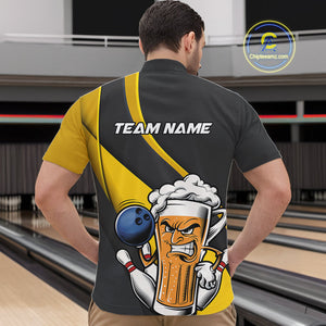 Custom Grunge Yellow Funny Bowling And Beer Quarter-Zip Shirts For Men, Bowling Team Uniform IPHW9608
